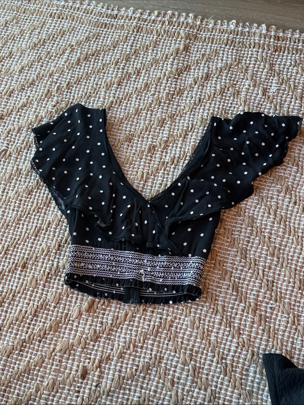 Alice + Olivia Black Polka Dot Flutter Crop Top